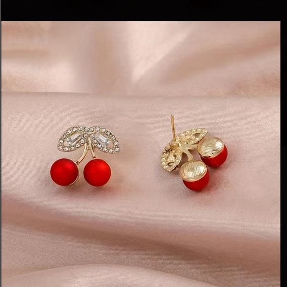 Cherry Red & Gold Rhinestone Earrings - Picture 3 of 3